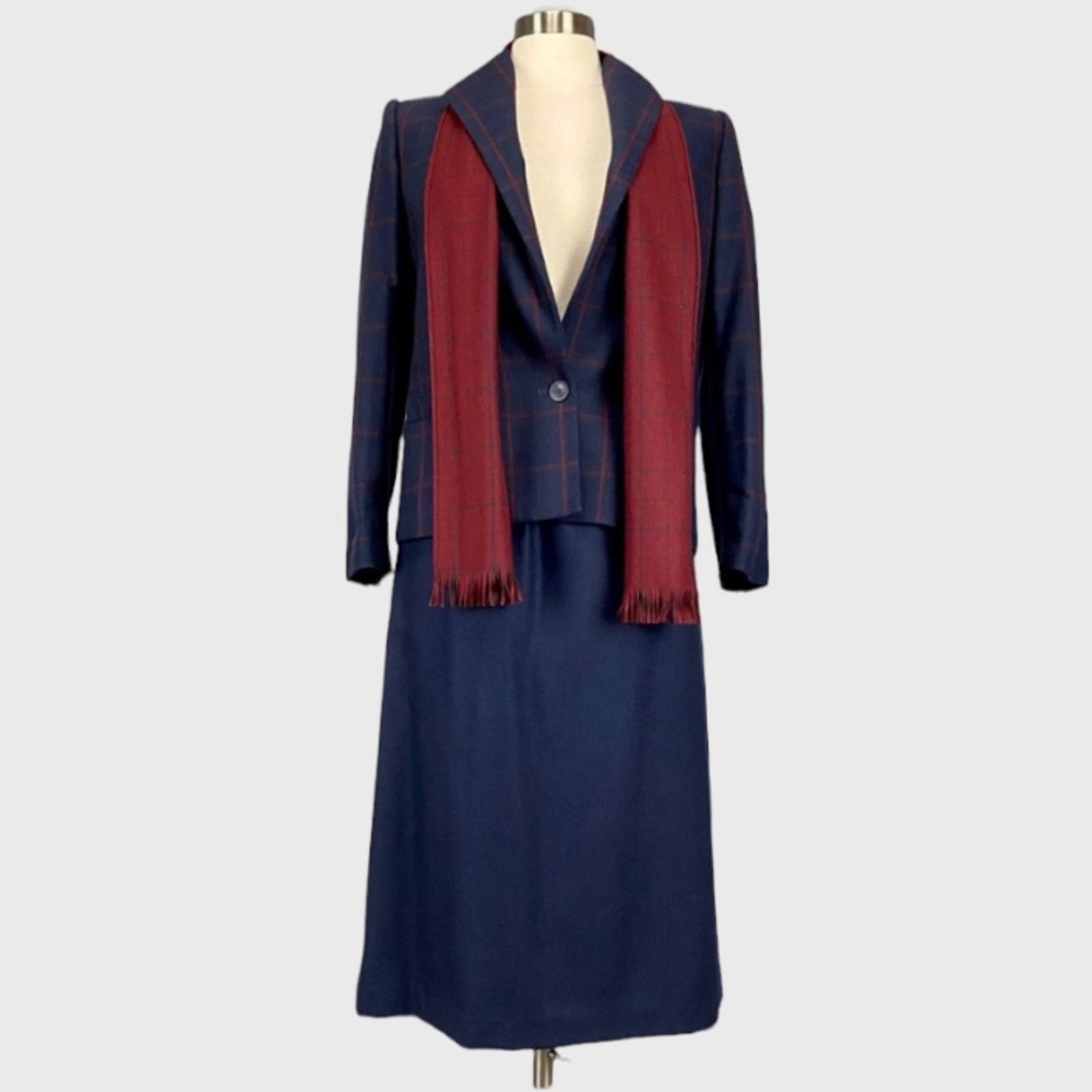 Vintage Kasper Womens Skirt Blazer Suit Set Blue Windowpane Wool Cashmere size 6